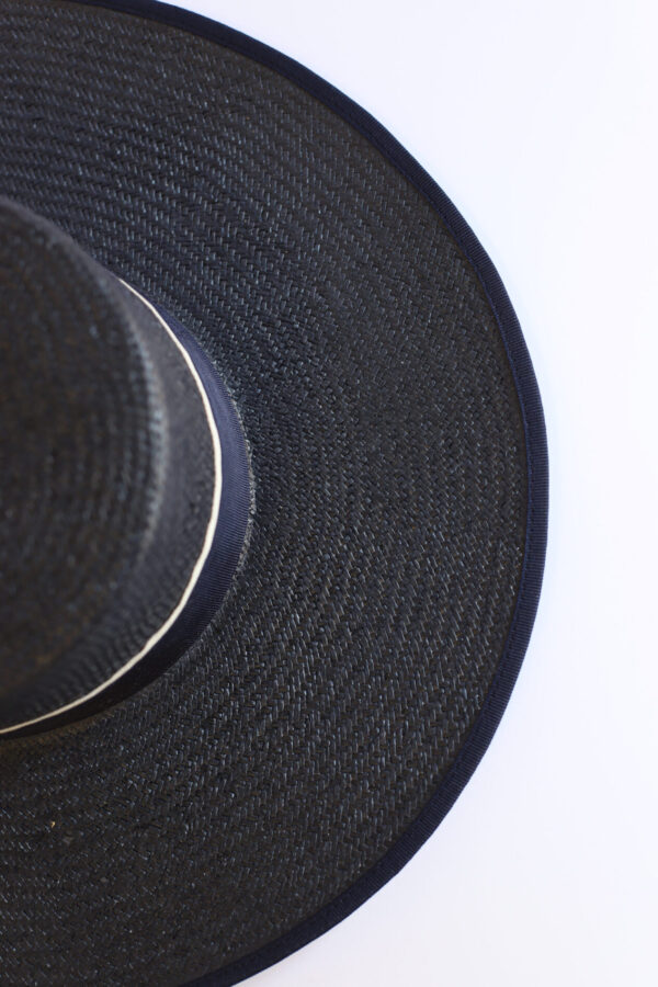 Detalle de sombrero negro con ribete y cinta blanca.