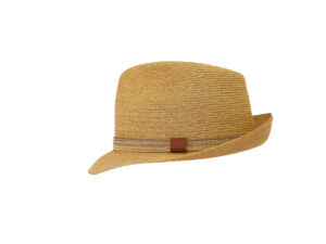 Sombrero marrón claro con ala corta y diseño moderno.