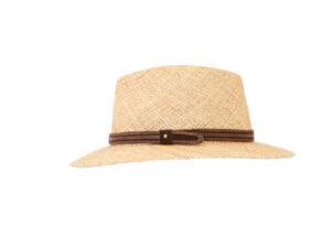 Sombrero de paja con copa recta y cinta marrón.