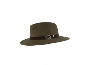 Sombrero verde con banda marrón y detalle metálico – Nieta de José