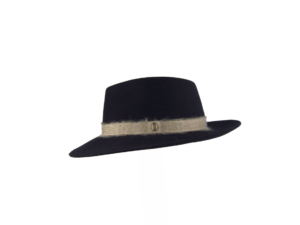 Sombrero negro con banda beige y detalle metálico – Nieta de José